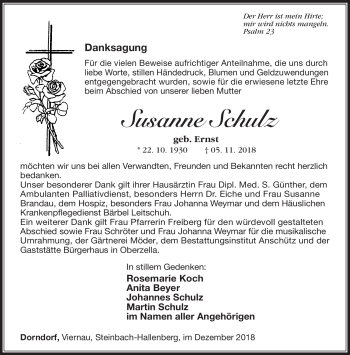 Traueranzeige von Susanne Schulz von Südthüringer Presse