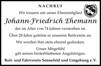 Traueranzeige von Johann-Friedrich Ehemann von Neue Presse Coburg