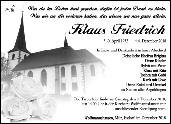 Traueranzeige von Klaus Friedrich von Südthüringer Presse