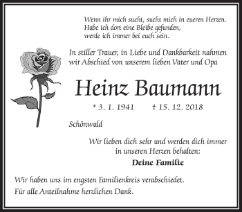 Traueranzeige von Heinz Baumann von Frankenpost