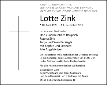 Traueranzeige von Lotte Zink von Frankenpost