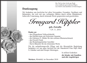 Traueranzeige von Irmgard Hippler von Südthüringer Presse