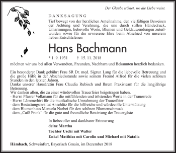 Traueranzeige von Hans Bachmann von Südthüringer Presse