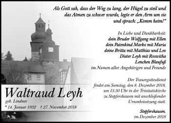 Traueranzeige von Waltraud Leyh von Südthüringer Presse