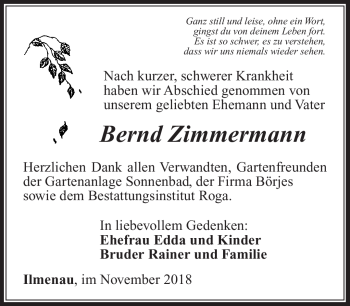 Traueranzeige von Bernd Zimmermann von Südthüringer Presse