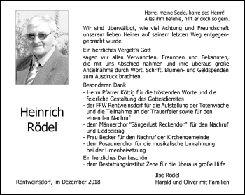 Traueranzeige von Heinrich Rödel von Neue Presse Coburg