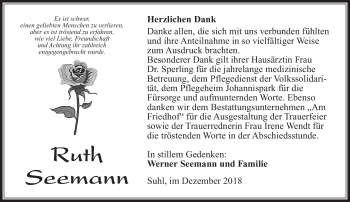 Traueranzeige von Ruth Seemann von Südthüringer Presse