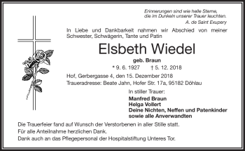 Traueranzeige von Elsbeth Wiedel von Frankenpost