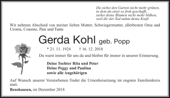 Traueranzeige von Gerda Kohl von Südthüringer Presse