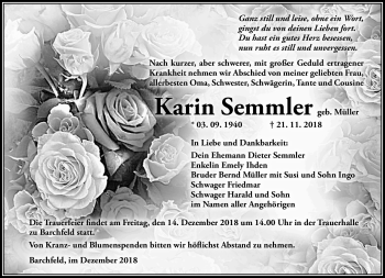 Traueranzeige von Karin Semmler von Südthüringer Presse