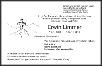 Traueranzeige von Erwin Limmer von Frankenpost