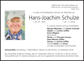 Traueranzeige von Hans-Joachim Schulze von Neue Presse Coburg