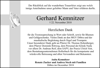 Traueranzeige von Gerhard Kemnitzer von Frankenpost