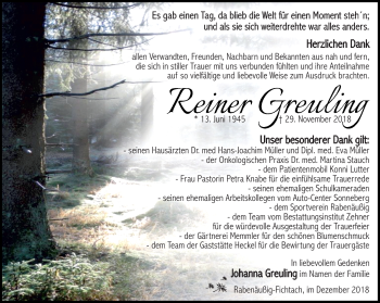 Traueranzeige von Reiner Greuling von Südthüringer Presse