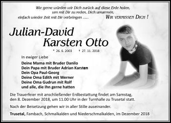 Traueranzeige von Julian Otto von Südthüringer Presse