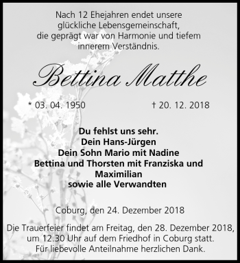Traueranzeige von Bettina Matthe von Neue Presse Coburg