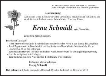 Traueranzeige von Erna Schmidt von Südthüringer Presse