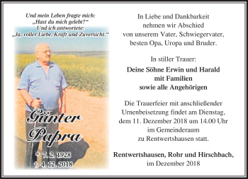 Traueranzeige von Günter Papra von Südthüringer Presse