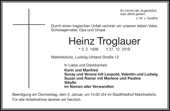 Traueranzeige von Heinz Troglauer von Frankenpost