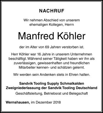 Traueranzeige von Manfred Köhler von Südthüringer Presse