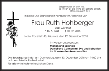 Traueranzeige von Ruth Hohberger von Frankenpost