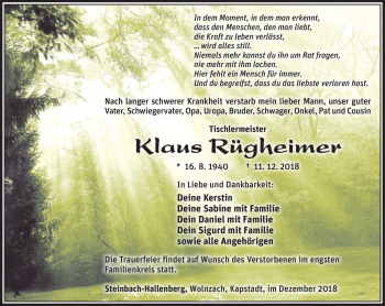 Traueranzeige von Klaus Rügheimer von Südthüringer Presse