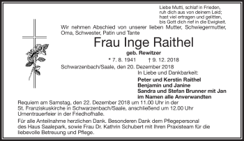 Traueranzeige von Inge Raithel von Frankenpost