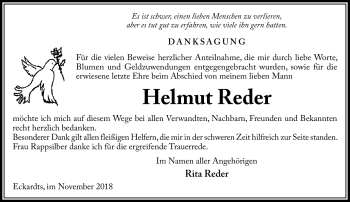 Traueranzeige von Helmut Reder von Südthüringer Presse