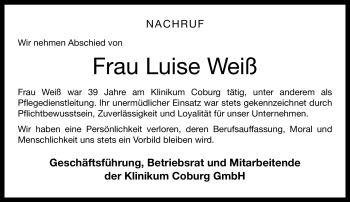 Traueranzeige von Luise Weiß von Neue Presse Coburg