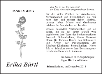 Traueranzeige von Erika Bärtl von Südthüringer Presse