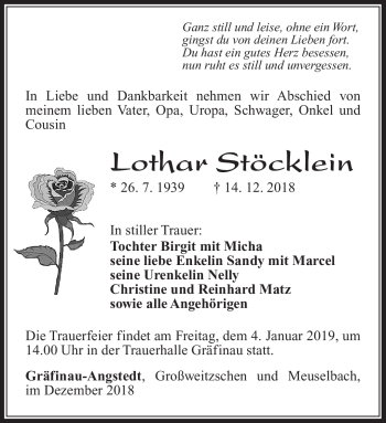 Traueranzeige von Lothar Stöcklein von Südthüringer Presse