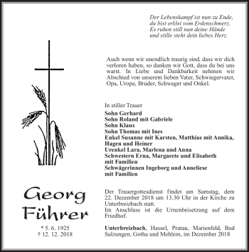 Traueranzeige von Georg Führer von Südthüringer Presse