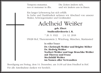 Traueranzeige von Adelheid Weißer von Frankenpost