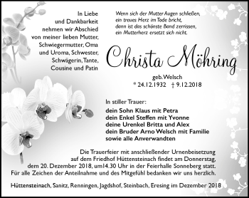 Traueranzeige von Christa Möhring von Südthüringer Presse