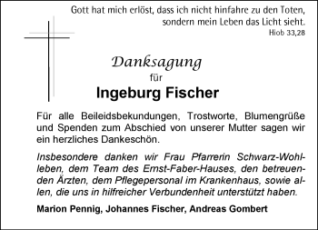 Traueranzeige von Ingeburg Fischer von Neue Presse Coburg