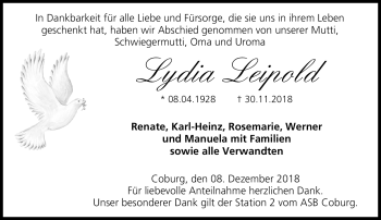 Traueranzeige von Lydia Leipold von Neue Presse Coburg