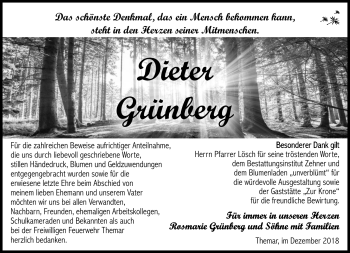 Traueranzeige von Dieter Grünberg von Südthüringer Presse
