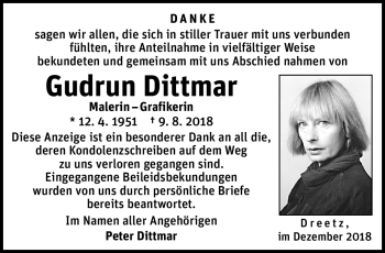 Traueranzeige von Gudrun Dittmar von Südthüringer Presse
