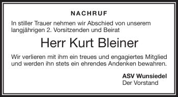 Traueranzeige von Kurt Bleiner von Frankenpost