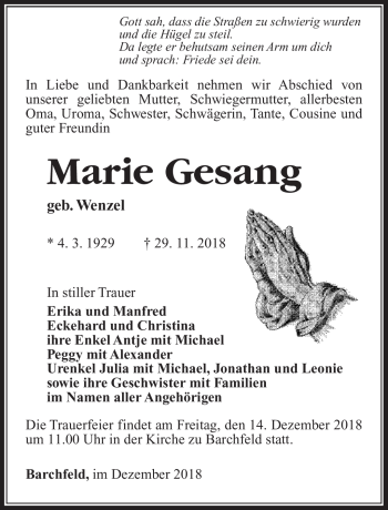 Traueranzeige von Marie Gesang von Südthüringer Presse