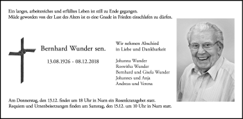 Traueranzeige von Wunder Bernhard von Neue Presse Coburg