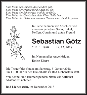 Traueranzeige von Sebastian Götz von Südthüringer Presse