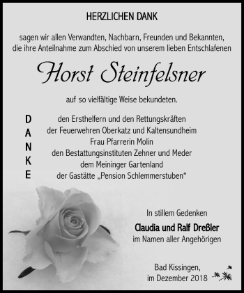 Traueranzeige von Horst Steinfelsner von Südthüringer Presse