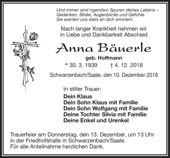 Traueranzeige von Anna Bäuerle von Frankenpost