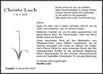 Traueranzeige von Christa Luck von Südthüringer Presse