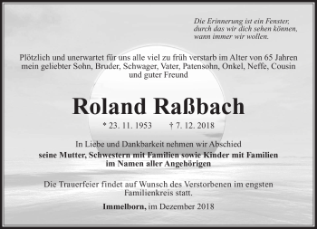Traueranzeige von Roland Raßbach von Südthüringer Presse