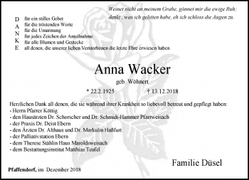 Traueranzeige von Anna Wacker von Neue Presse Coburg