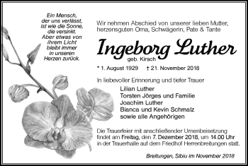 Traueranzeige von Ingeborg Luther von Südthüringer Presse