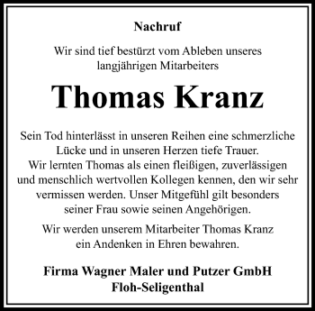Traueranzeige von Thomas Kranz von Südthüringer Presse