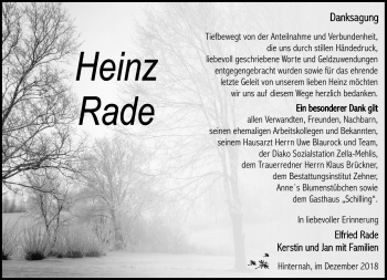 Traueranzeige von Heinz Rade von Südthüringer Presse